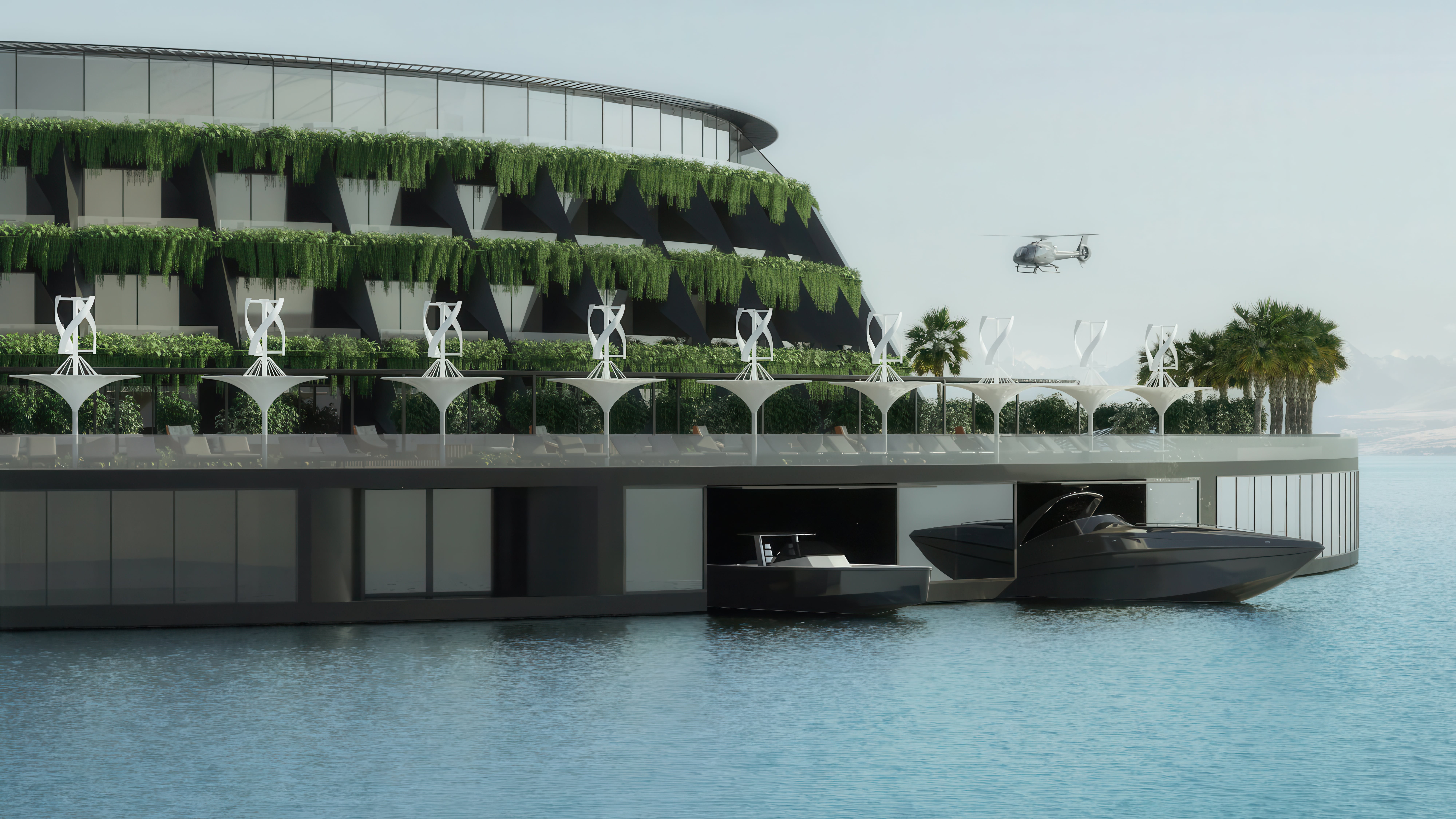 Close up of Qatar's Eco-Floating hotel designed by Hayri Atak Architectural Design Studio