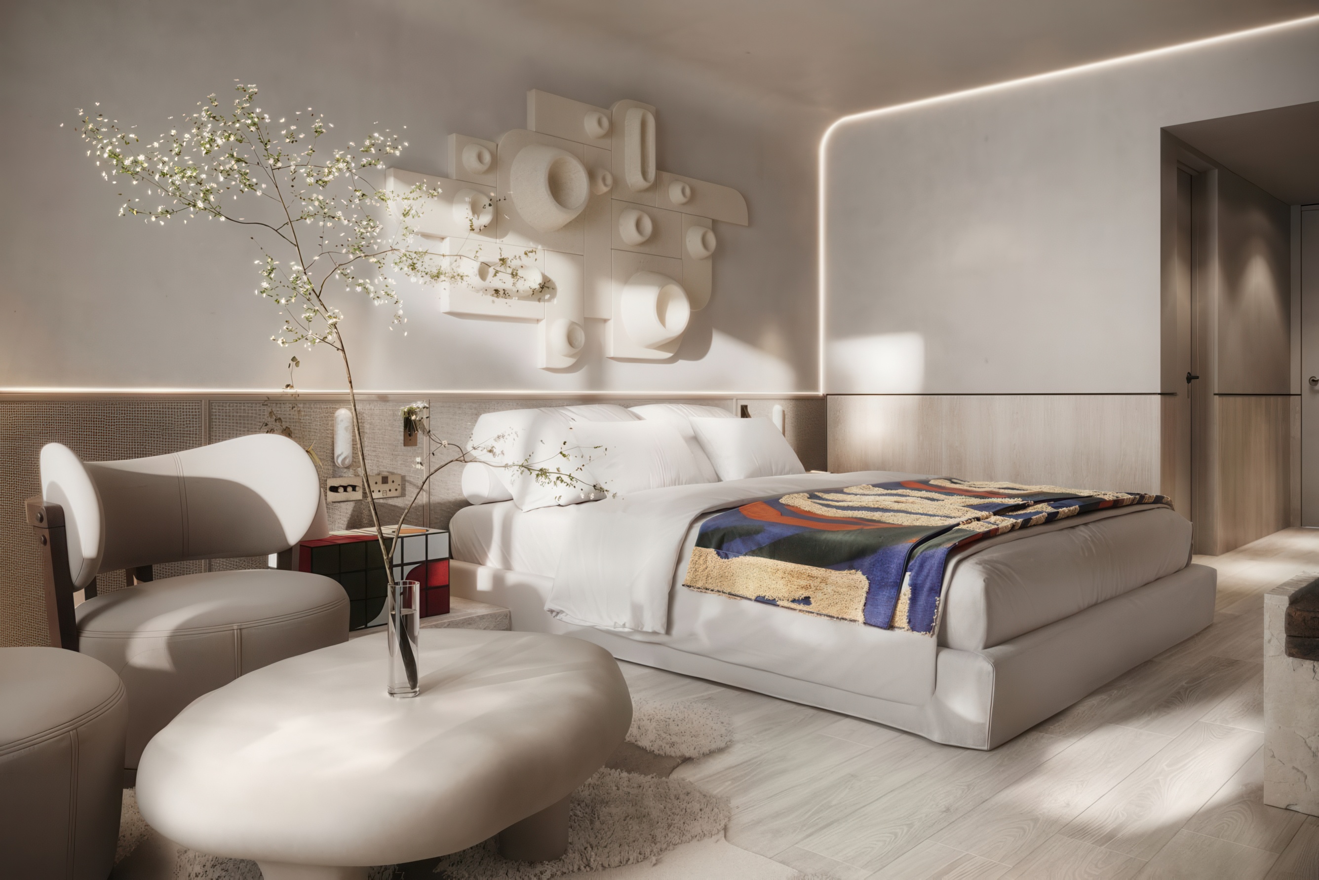Rendering of a guestroom at Morea House, an Autograph Collection Hotel
