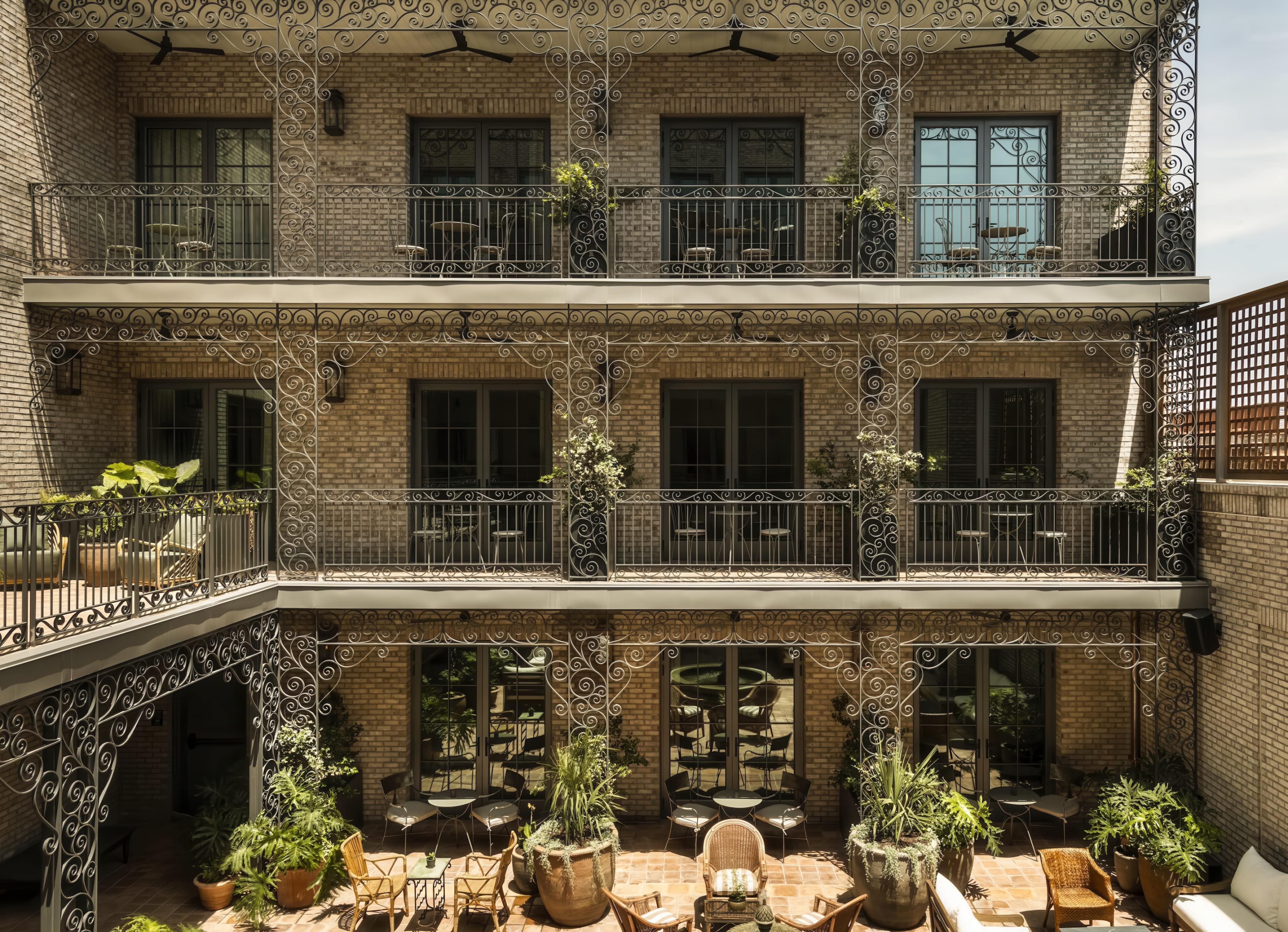 Exterior courtyard of The Nickel Hotel, recently opened in Charleston, South Carolina