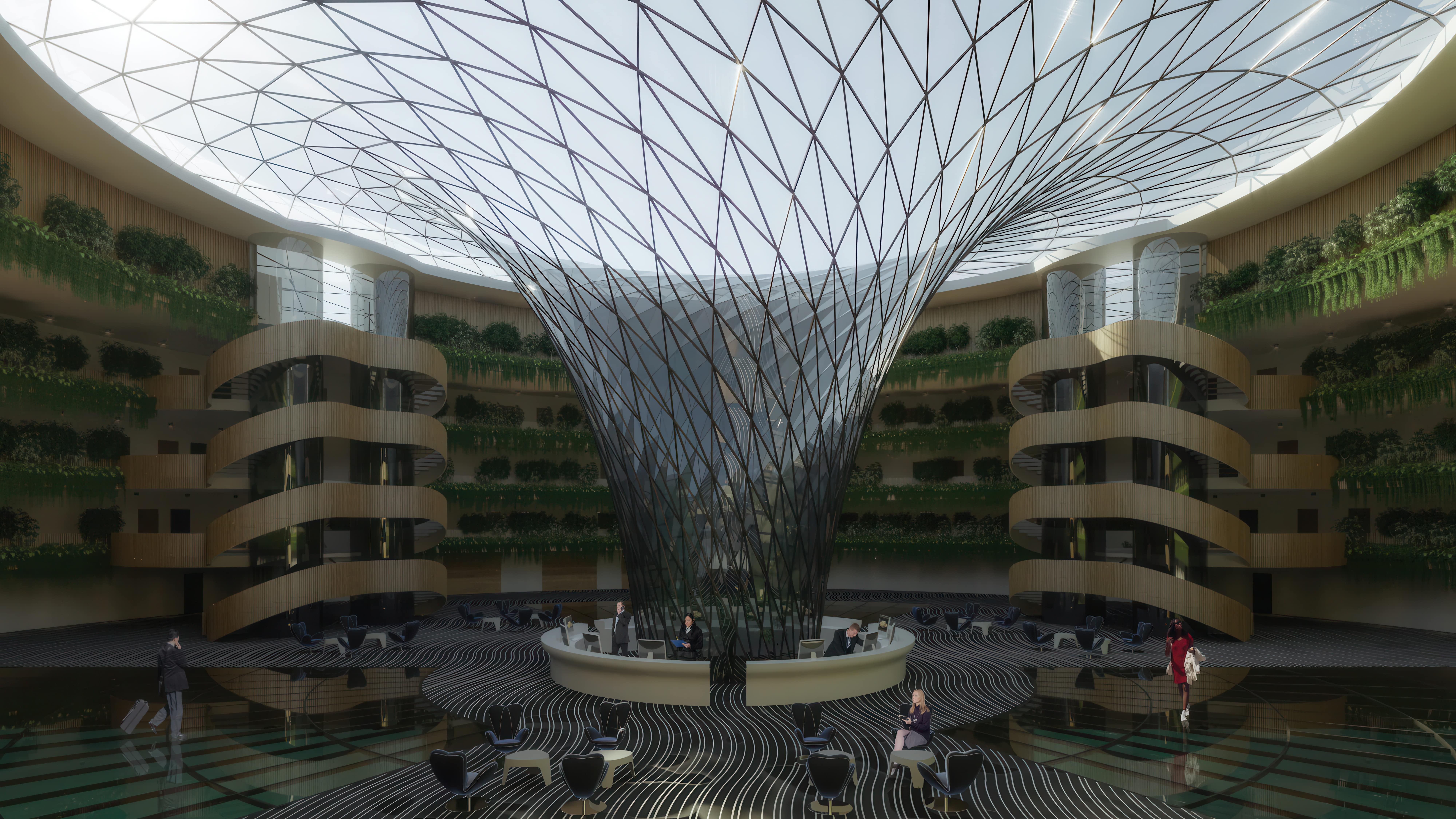 Interior lobby of Qatar's Eco-Floating hotel designed by Hayri Atak Architectural Design Studio