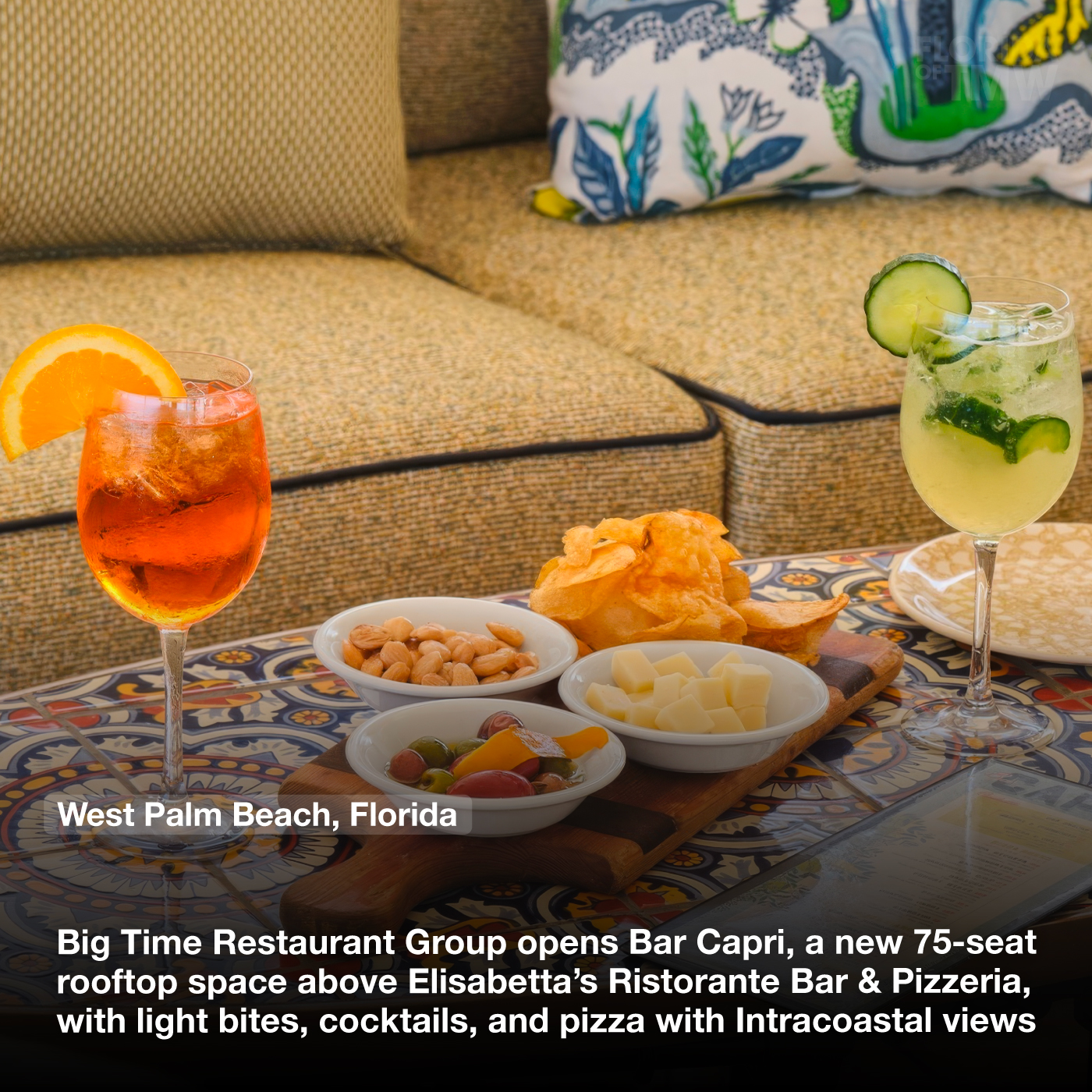 Big Time Restaurant Group opens Bar Capri, a new 75-seat rooftop space above Elisabetta’s Ristorante Bar & Pizzeria, with light bites, cocktails, and pizza with Intracoastal views