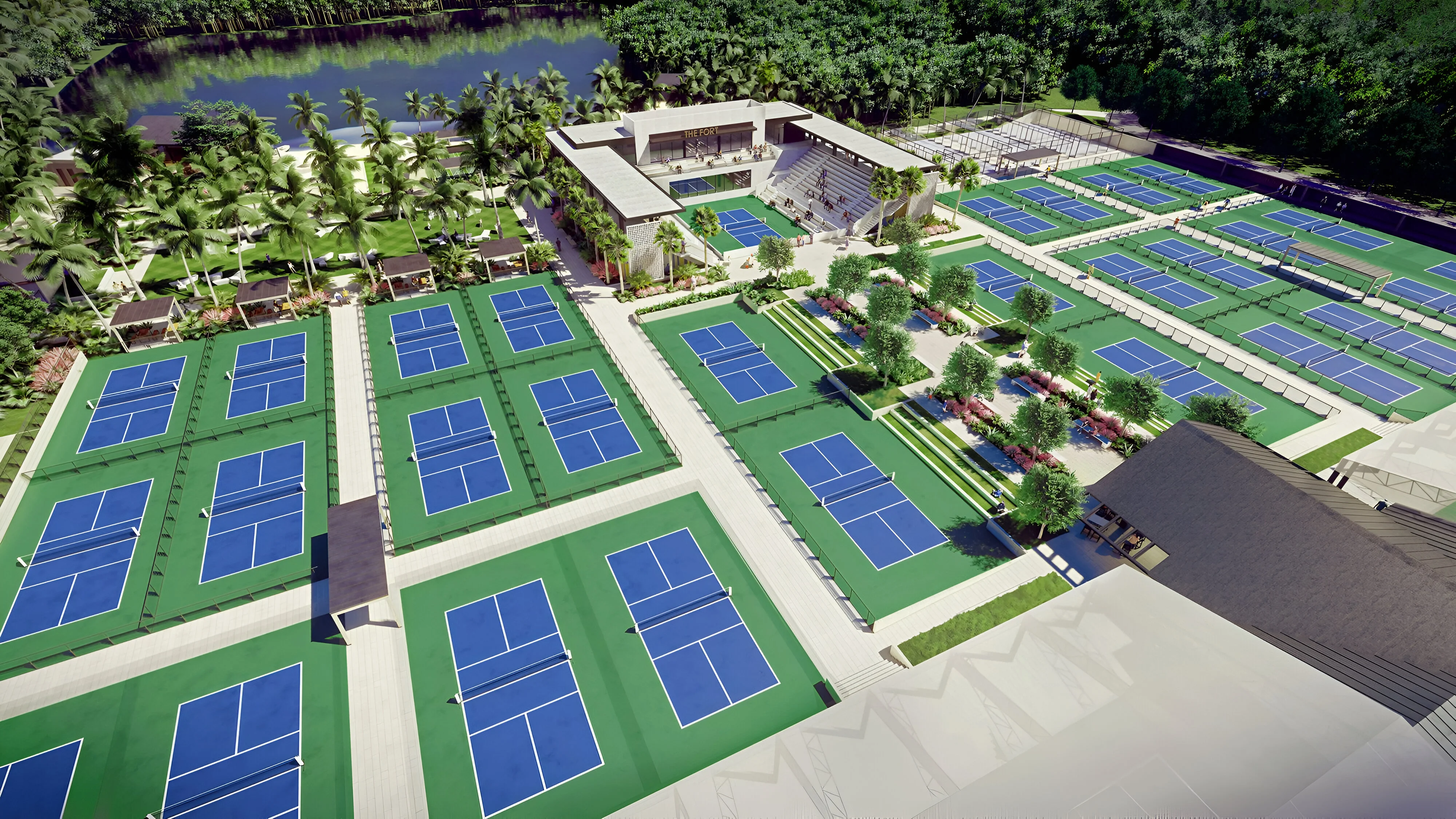 The Fort, the world’s first pickleball stadium is coming to Fort Lauderdale, offering 43 courts, live music, and a recovery center