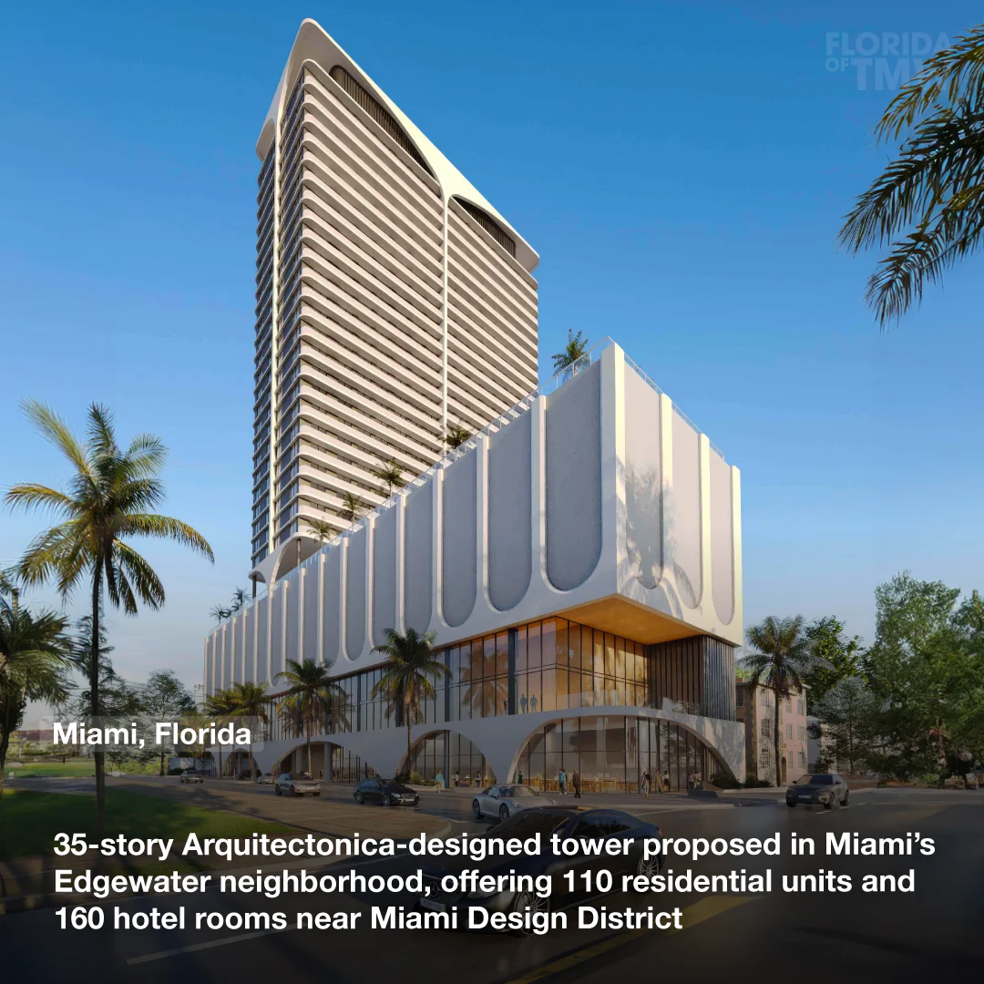 35-story Arquitectonica-designed tower proposed in Miami’s Edgewater neighborhood, offering 110 residential units and 160 hotel rooms near Miami Design District