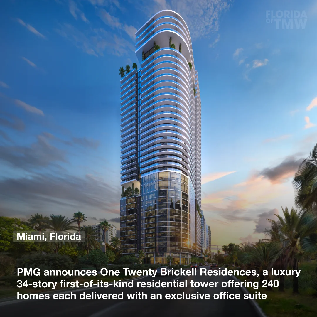 PMG announces One Twenty Brickell Residences, a luxury 34-story first-of-its-kind residential tower offering 240 homes each delivered with an exclusive office suite
