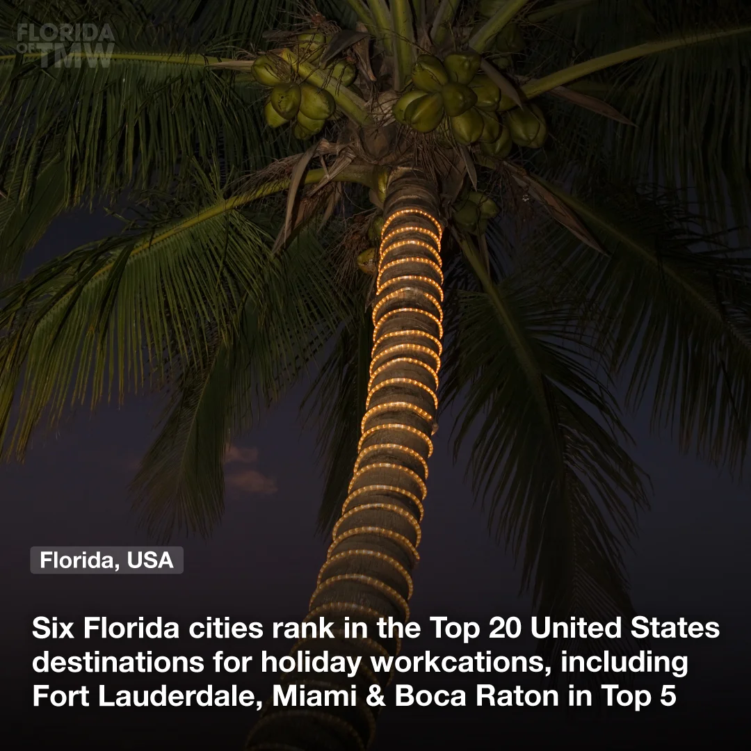 Six Florida cities rank in the Top 20 United States destinations for holiday workcations, including Fort Lauderdale, Miami & Boca Raton in the Top 5