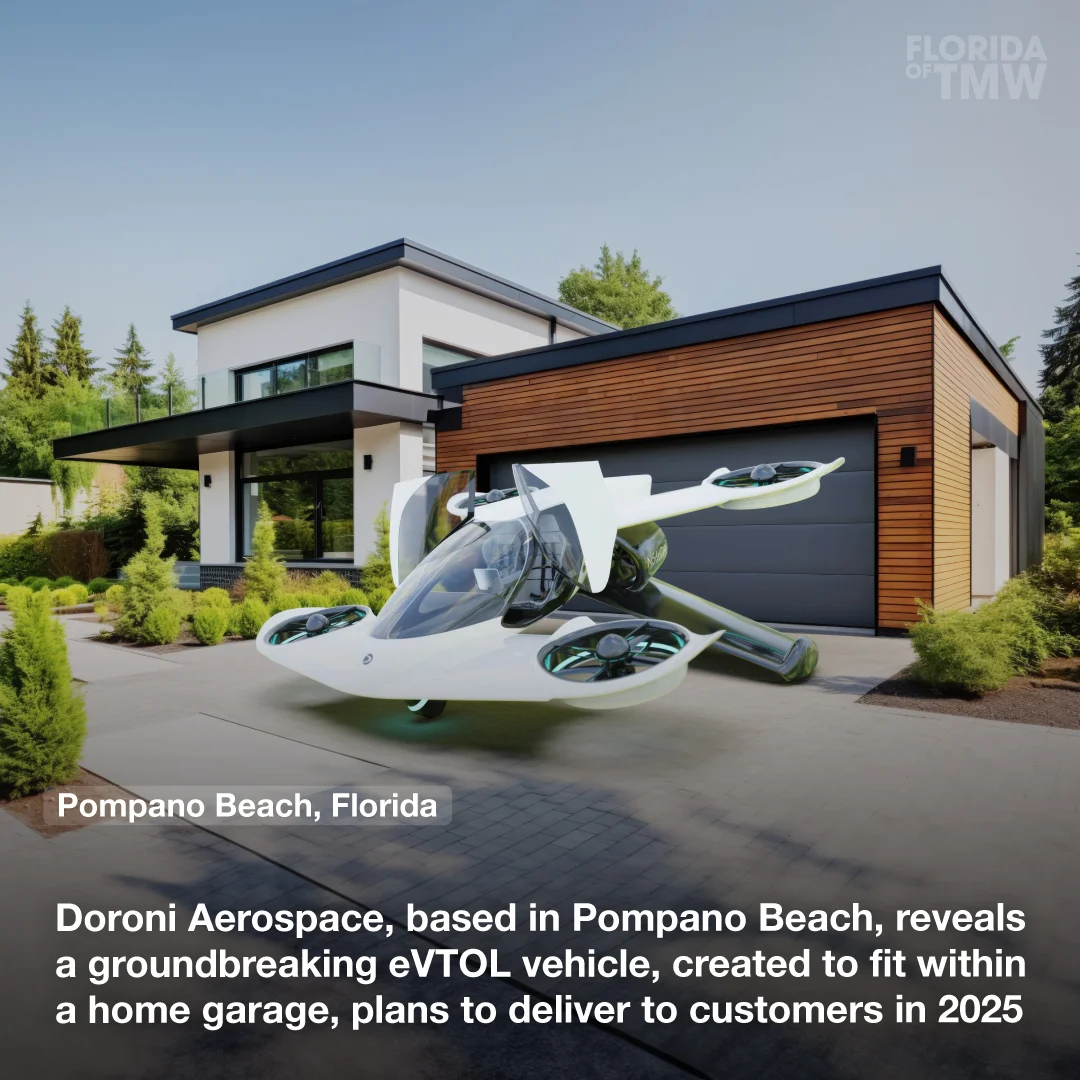Doroni Aerospace, based in Pompano Beach, reveals a groundbreaking eVTOL vehicle, created to fit within a home garage, and plans to deliver to customers in 2025