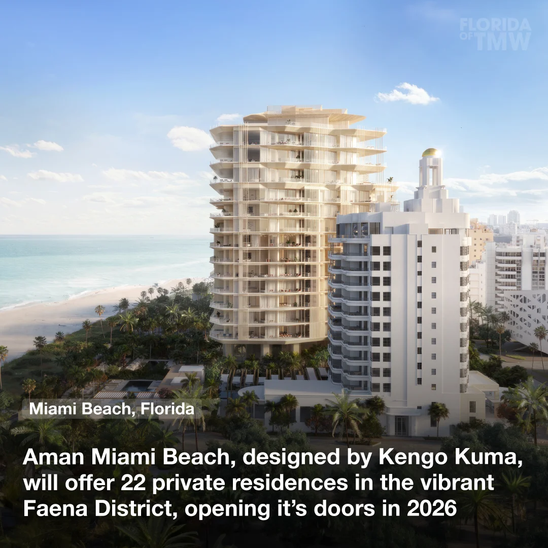 Aman Miami Beach, designed by Kengo Kuma, will offer 22 private residences in the vibrant Faena District, opening it’s doors by 2026