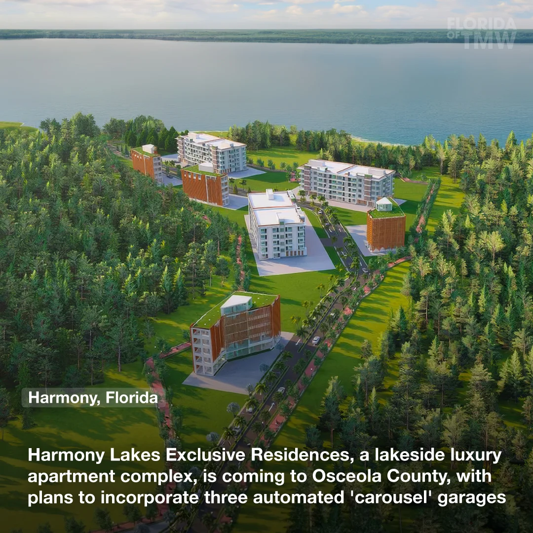Harmony Lakes Exclusive Residences, a lakeside luxury apartment complex, is coming to Osceola County, with plans to incorporate three automated 'carousel' garages