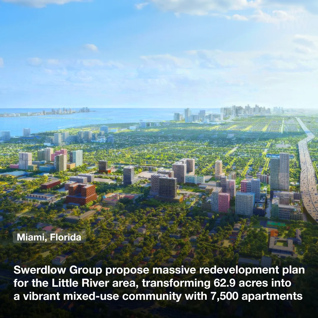 Swerdlow Group proposes a massive redevelopment plan for the Little River area, transforming 62.9 acres into a vibrant mixed-use community with over 7,500 apartments