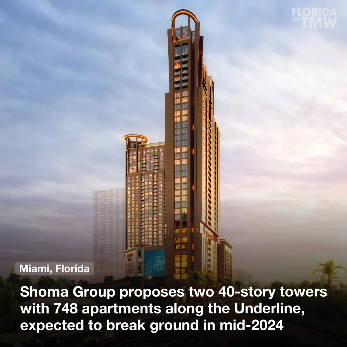 Shoma Group proposes two 40-story towers with 748 apartments along the Underline