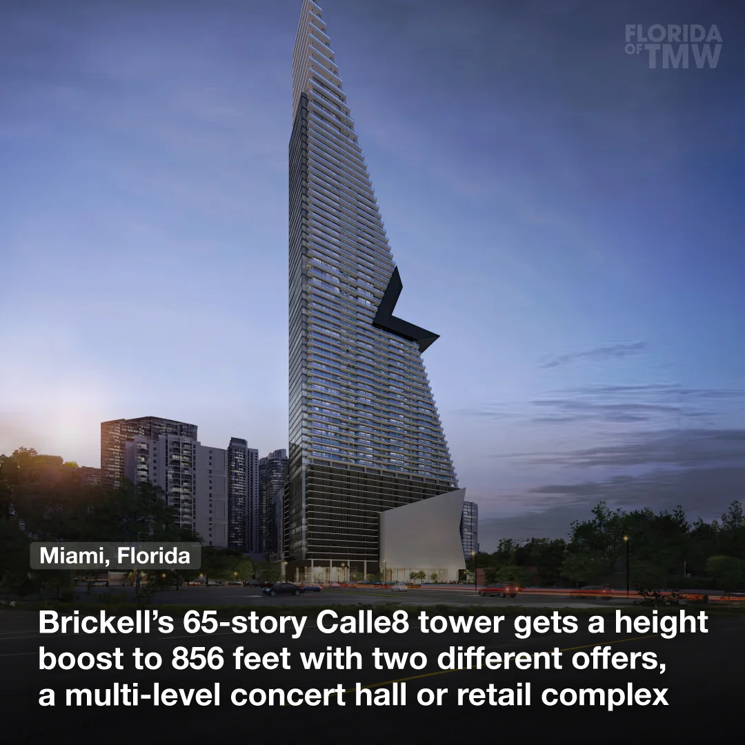 Brickell’s 65-story Calle8 tower gets a height boost to 856 feet with two different offers, a multi-level concert hall or retail complex