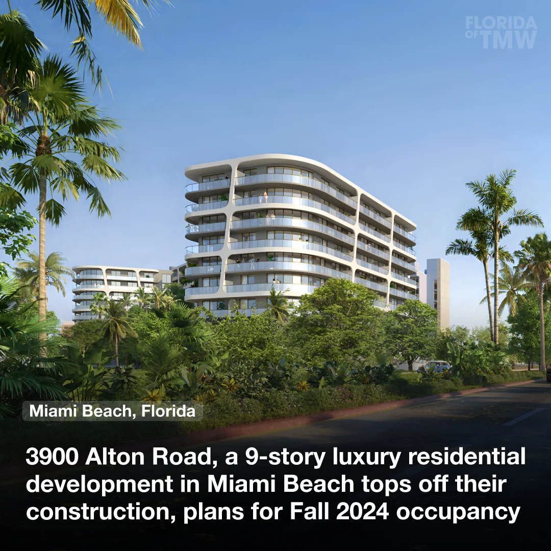 3900 Alton Road, a nine-story luxury residential development in Miami Beach tops off construction