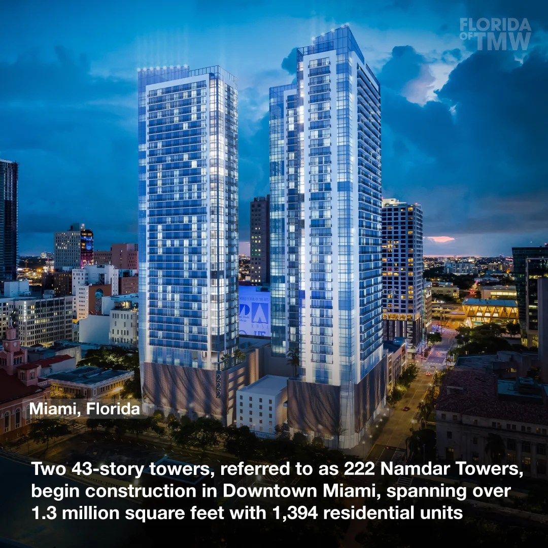 Two 43-story towers, referred to as 222 Namdar Towers, begin construction in Downtown Miami, spanning over 1.3 million square feet with 1,394 residential units