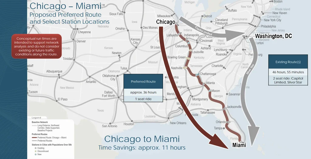 Amtrak proposes network expansion with a new train route from Chicago to Miami, with stops in Nashville, Indianapolis, Atlanta, Orlando, and possibly Tampa