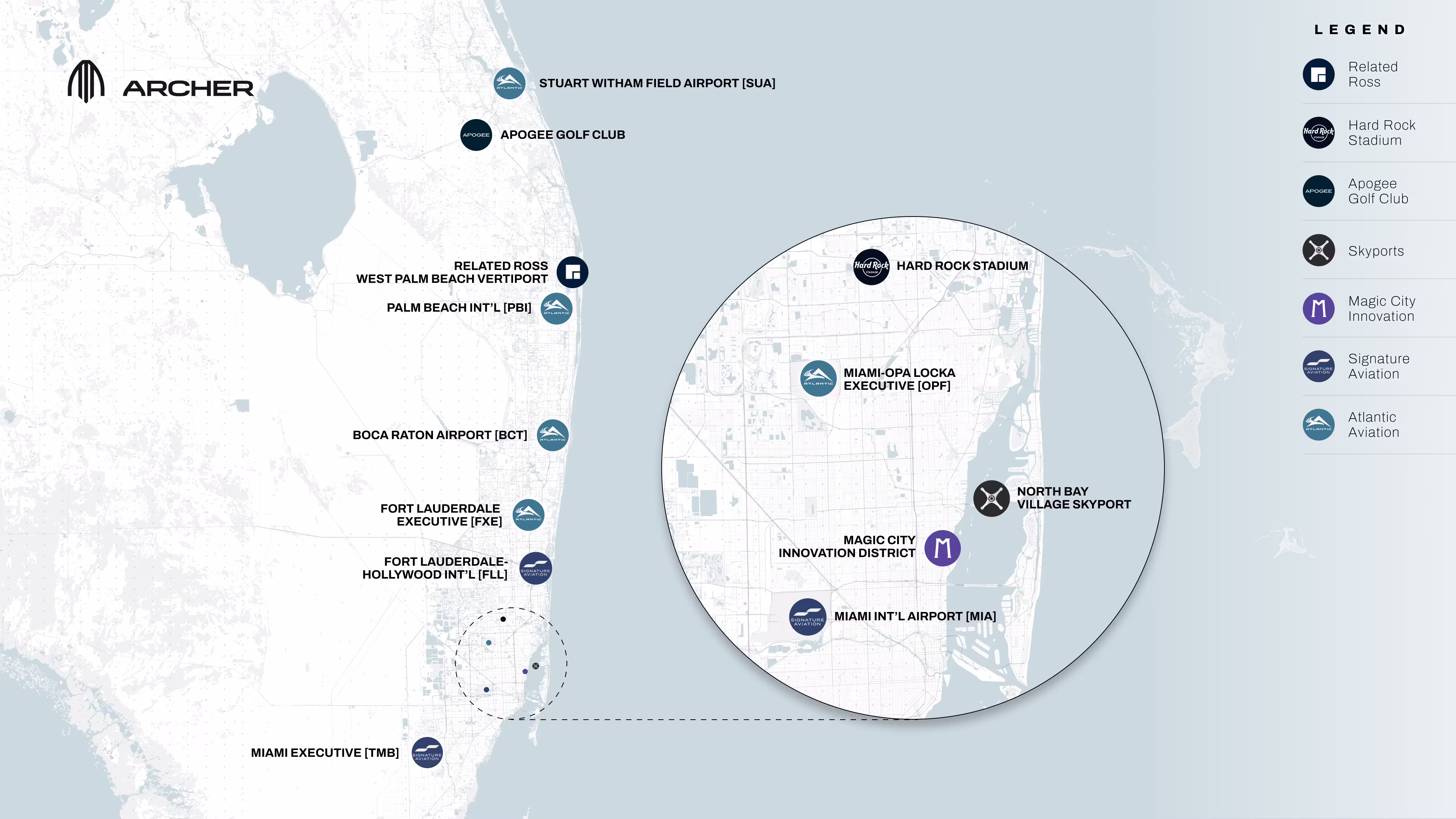 Map of Archer's Air Taxi Network, Related Ross