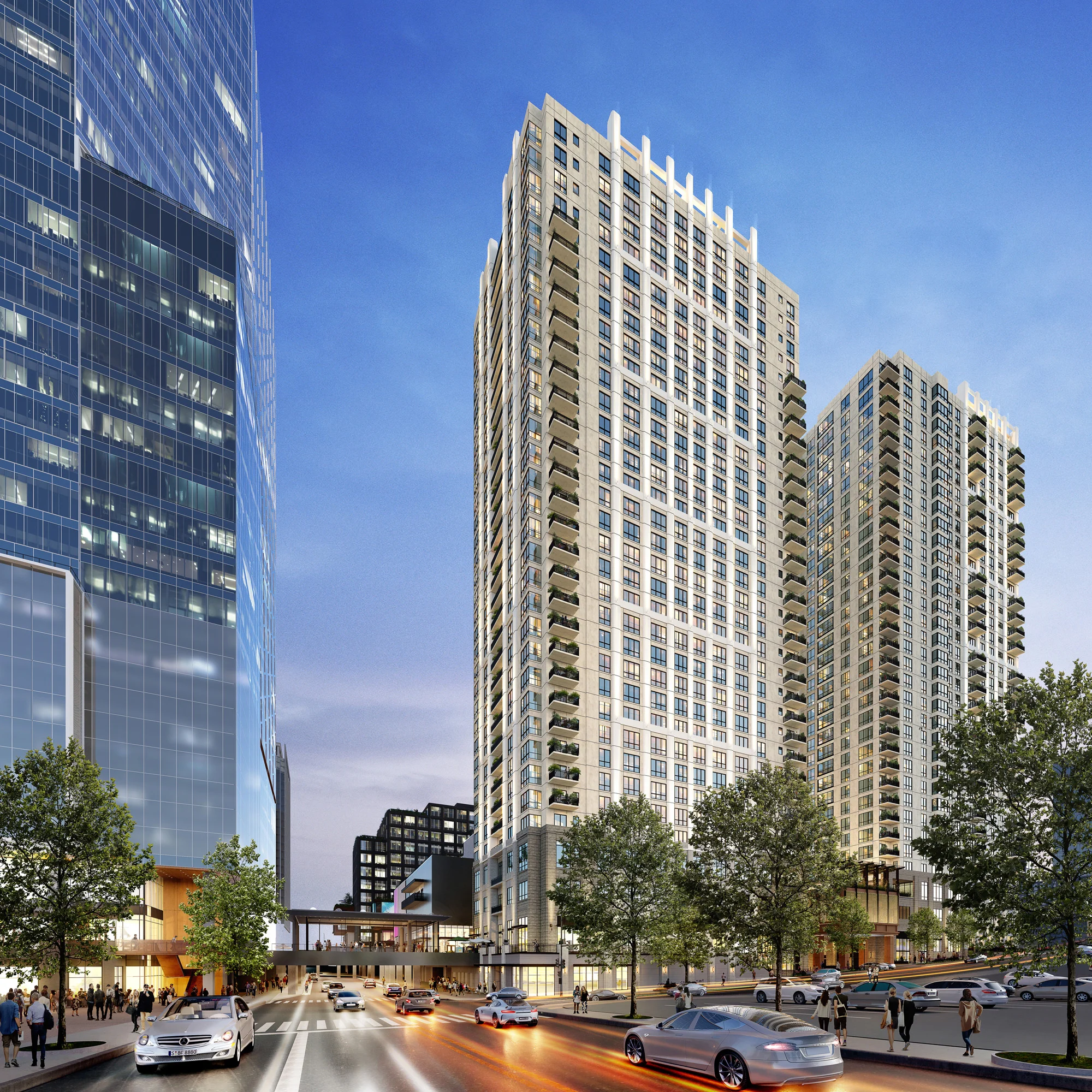The Everett and The Emory residential towers to begin leasing this summer with move-ins expected to begin in November, featuring sky lounges and rooftop park