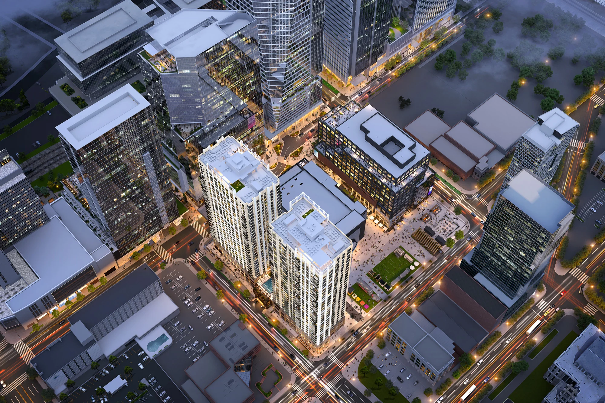 The Everett and The Emory residential towers to begin leasing this summer with move-ins expected to begin in November, featuring sky lounges and rooftop park