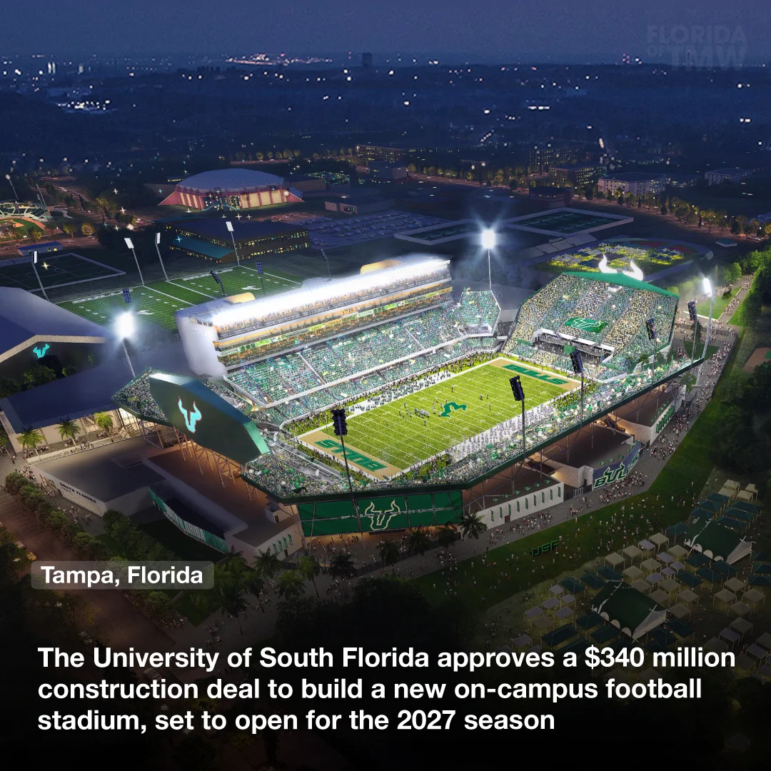 The University of South Florida approves a $340 million construction deal to build a new on-campus football stadium, set to open for the 2027 season