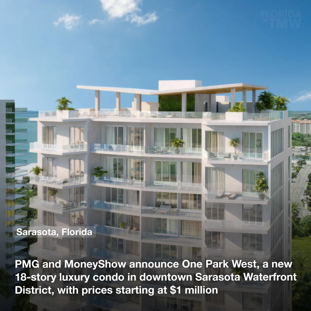 PMG and MoneyShow announce One Park West, a new 18-story luxury condominium in downtown Sarasota Waterfront District, with prices starting at $1 million