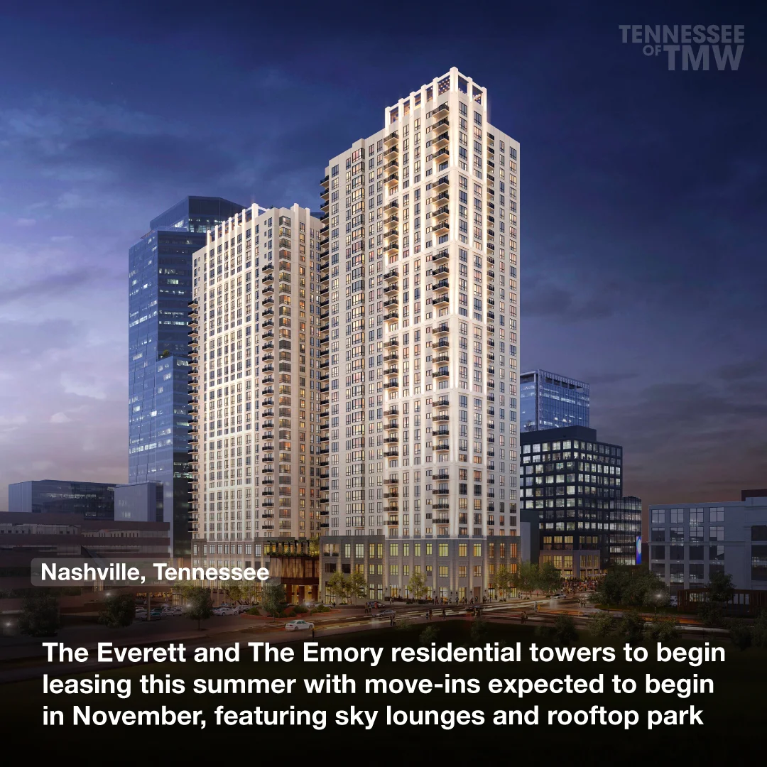 The Everett and The Emory residential towers are to begin leasing this summer with move-ins expected to begin in November, featuring sky lounges and rooftop park
