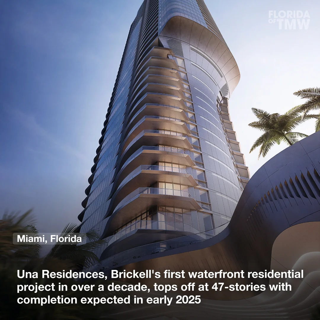 Una Residences, Brickell's first waterfront residential project in over a decade, tops off at 47 stories with completion expected in early 2025
