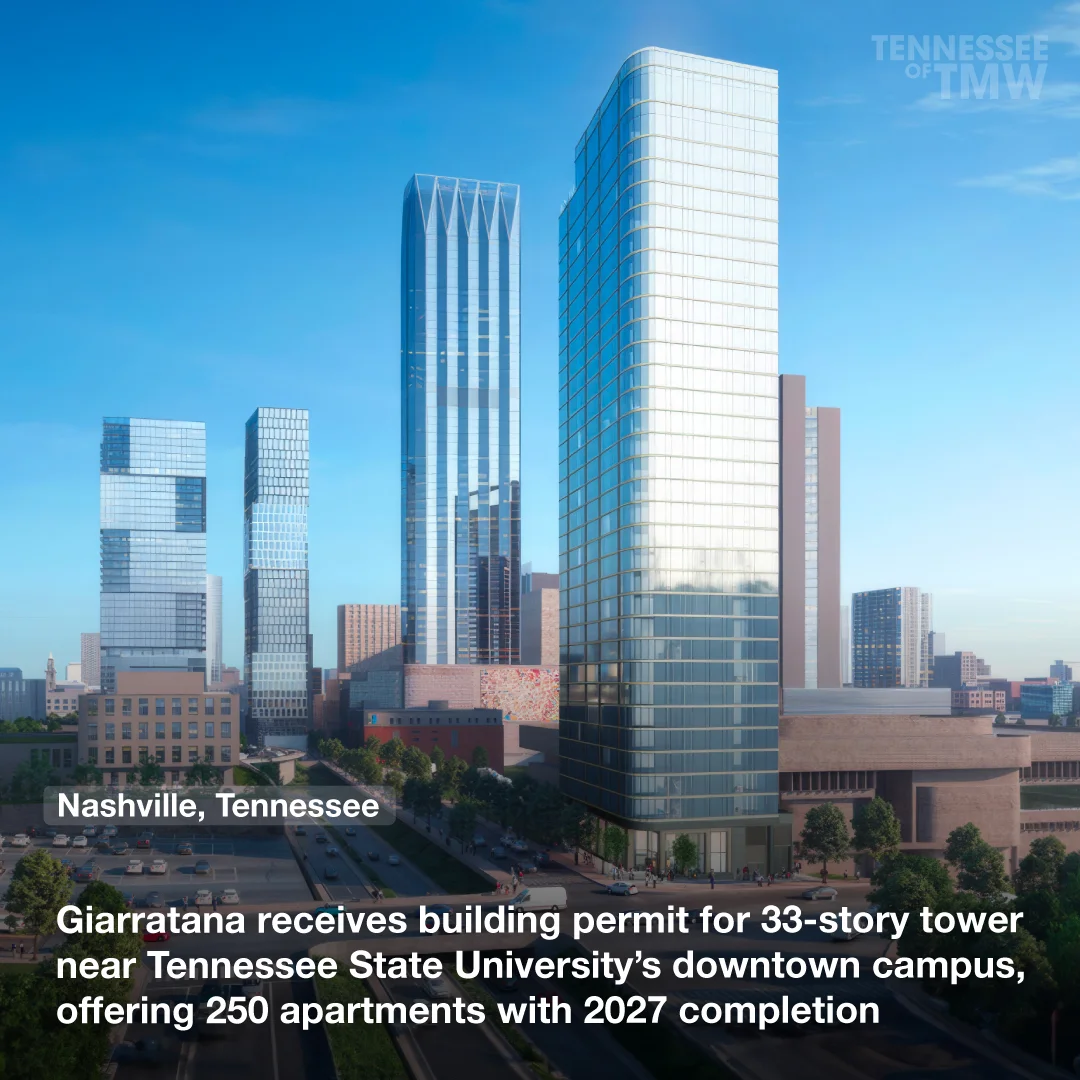 Giarratana receives building permit for 33-story tower near Tennessee State University’s downtown campus, offering 250 apartments with 2027 completion