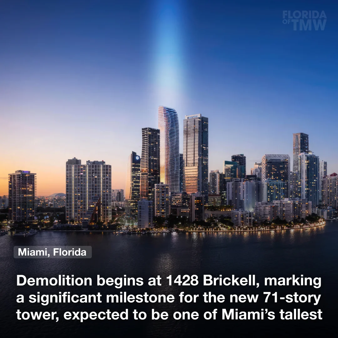 Demolition begins at 1428 Brickell, marking a significant milestone for the new 71-story tower, expected to be one of Miami’s tallest 