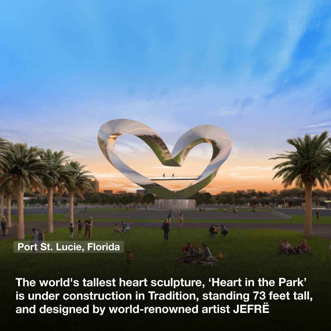 The world's tallest heart sculpture, ‘Heart in the Park’ is under construction in Tradition, standing 73 feet tall, and designed by world-renowned artist JEFRË