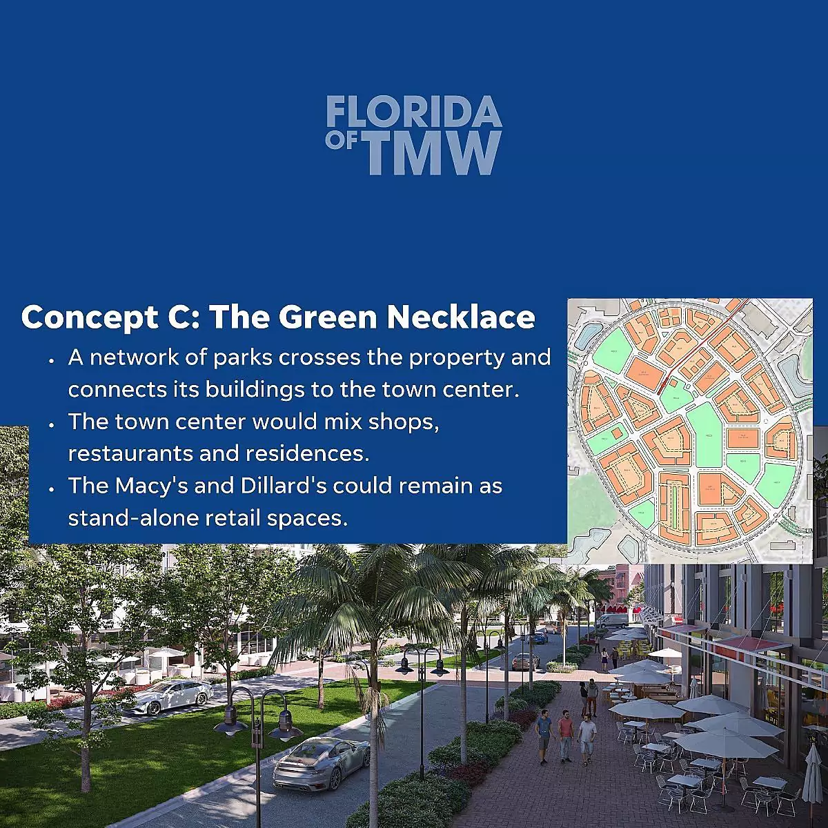 New concepts for the Mall at Wellington Green. The walkable district would have residences, shops, restaurants, and light-rail to West Palm.