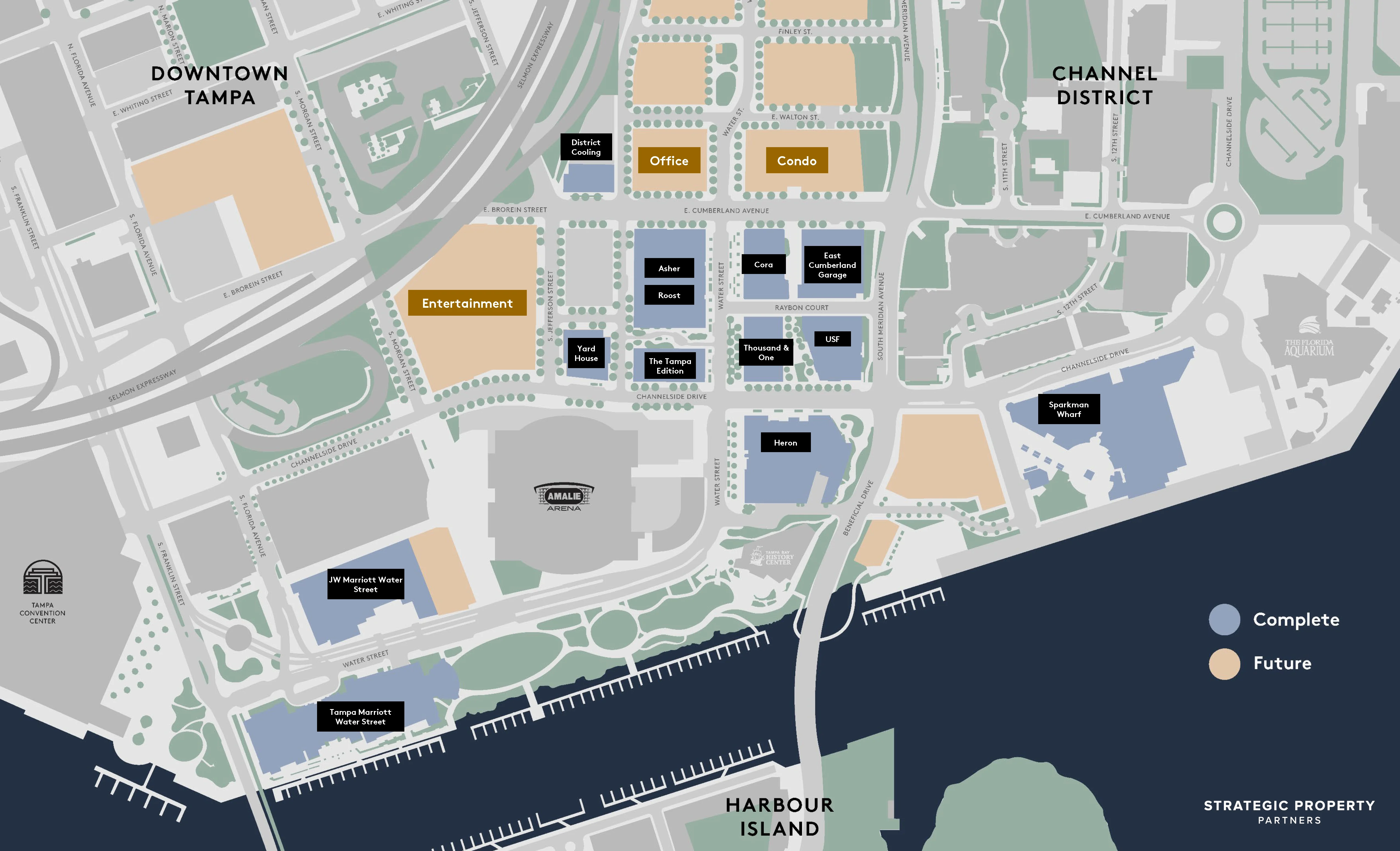 SPP unveils three new projects for Water Street Tampa, a new tallest residential condo tower, an office complex, and an entertainment destination near Amalie Arena
