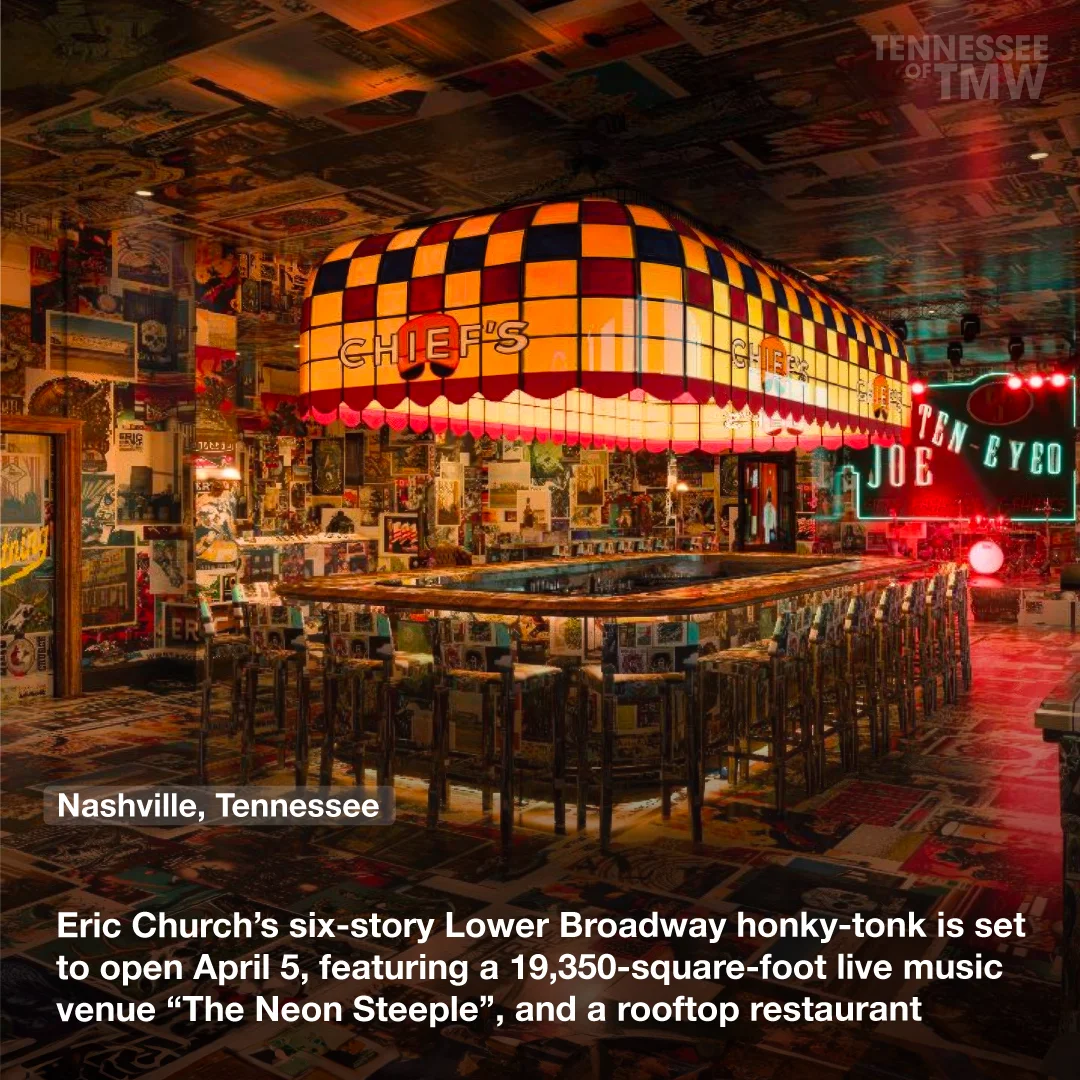 Eric Church’s six-story Lower Broadway honky-tonk is set to open April 5, featuring a 19,350-square-foot live music venue “The Neon Steeple”, and a rooftop restaurant